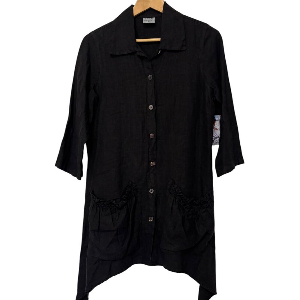 NWT Click Color Me Cotton 100% Linen Black Full Button Down Dress Size Small New